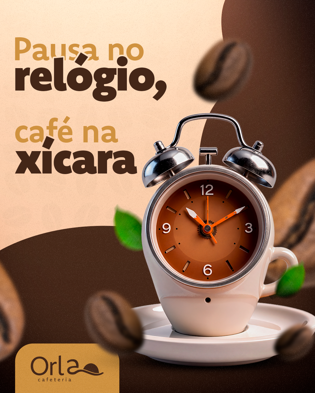 Post da Orla Cafeteria: Pausa no relógio, café na xícara